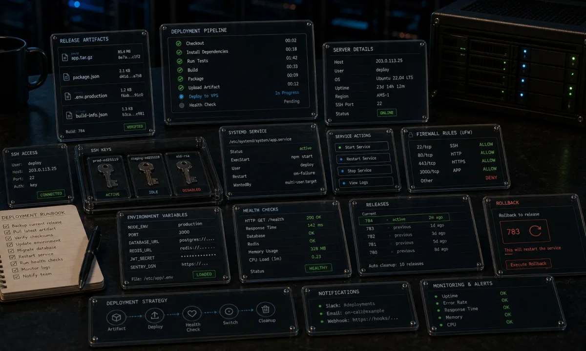 Editorial Node.js VPS deployment cover with release artifact cards, SSH key trays, service unit strips, firewall rule tokens, environment variable cards, health checks, rollback markers, and server hardware