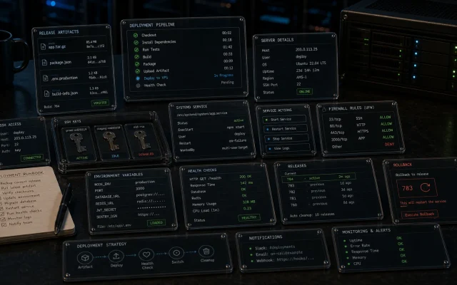 Editorial Node.js VPS deployment cover with release artifact cards, SSH key trays, service unit strips, firewall rule tokens, environment variable cards, health checks, rollback markers, and server hardware