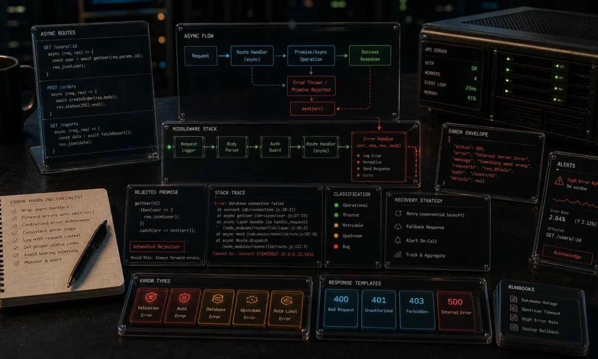 Editorial Express async error handling cover with async route cards, rejected promise tokens, middleware boundary modules, error envelope trays, stack trace strips, retry and alert markers, and API server hardware