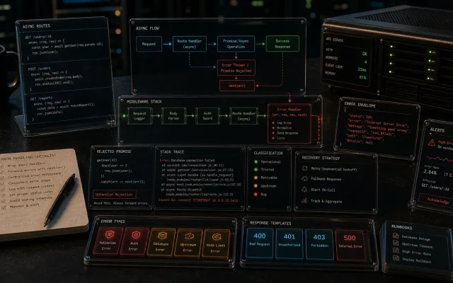 Editorial Express async error handling cover with async route cards, rejected promise tokens, middleware boundary modules, error envelope trays, stack trace strips, retry and alert markers, and API server hardware