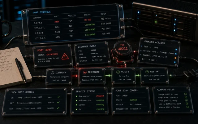 Editorial Node.js EADDRINUSE debugging cover with port binding cards, process ID tokens, network socket rails, listener ownership markers, kill and restart command strips, service status lights, localhost route cards, and port-in-use markers
