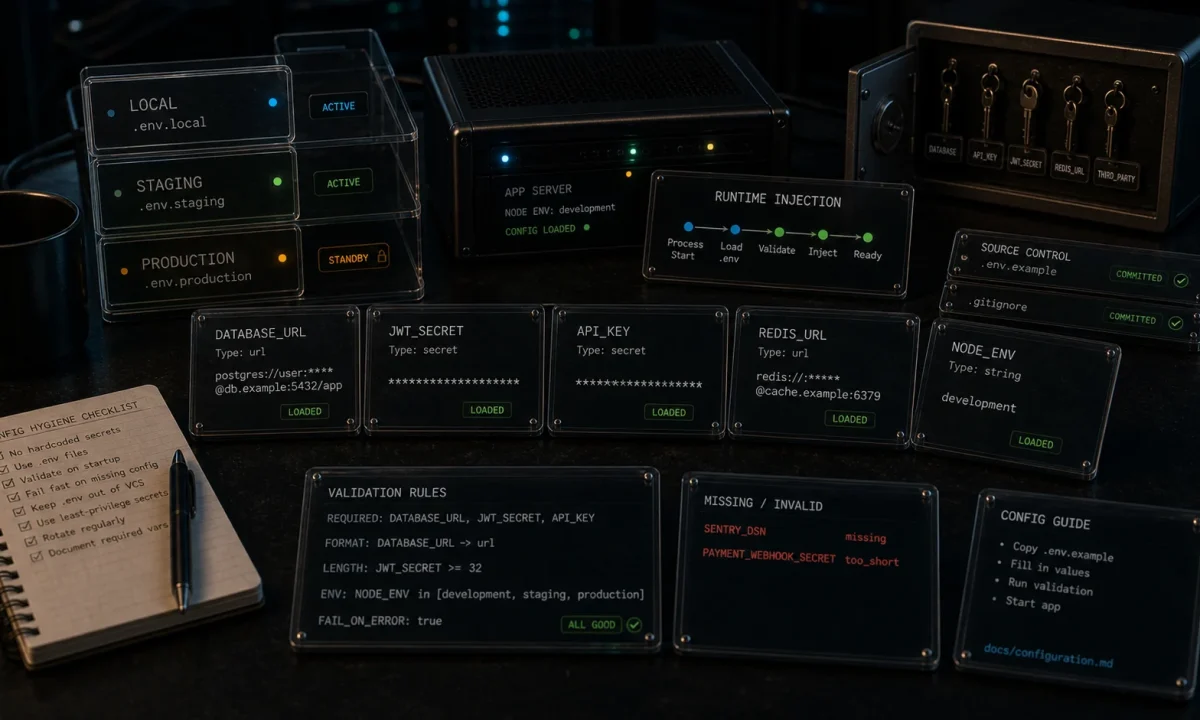 Editorial Node.js environment configuration cover with environment cards, masked secret tokens, local staging and production layers, validation checklist strips, runtime injection rails, key holders, missing-config markers, and app server hardware