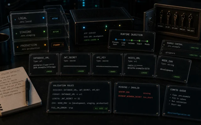 Editorial Node.js environment configuration cover with environment cards, masked secret tokens, local staging and production layers, validation checklist strips, runtime injection rails, key holders, missing-config markers, and app server hardware