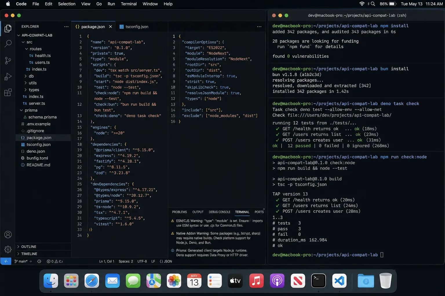 Node.js Deno Bun npm compatibility test for TypeScript API