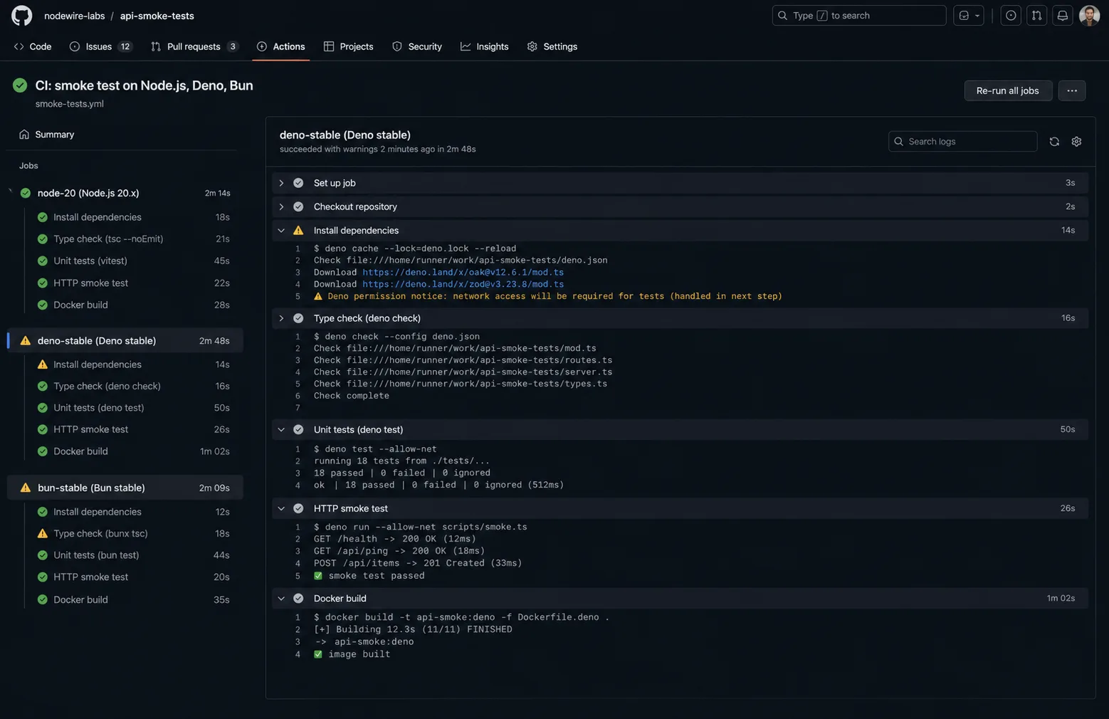 JavaScript runtime CI smoke tests for Node.js Deno Bun