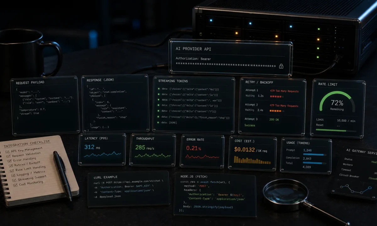 Editorial Node.js AI API integration cover with masked API key cards, request payload strips, response object cards, streaming token lanes, retry and backoff markers, rate limit gauge, cost and latency counters, and backend service hardware