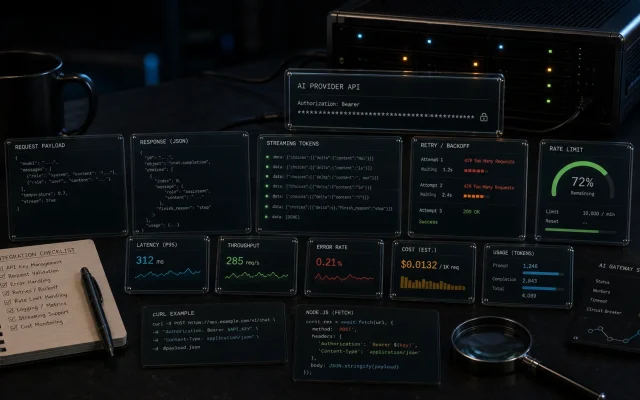 Editorial Node.js AI API integration cover with masked API key cards, request payload strips, response object cards, streaming token lanes, retry and backoff markers, rate limit gauge, cost and latency counters, and backend service hardware