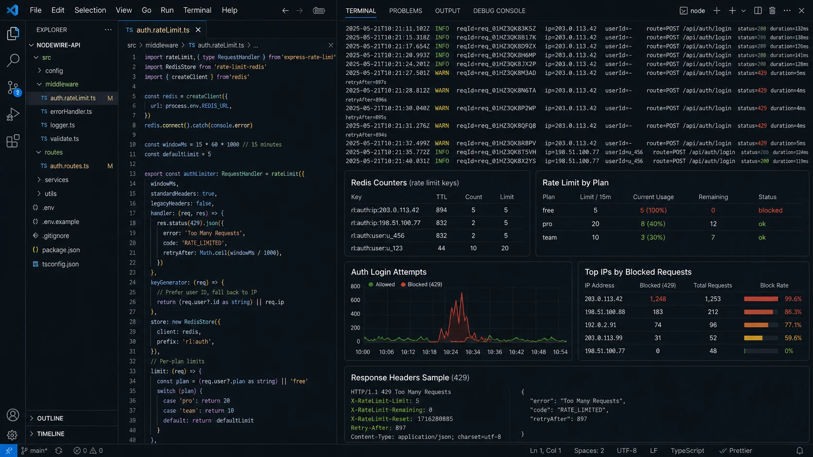 Express auth endpoint rate limiting with Redis and 429 logs