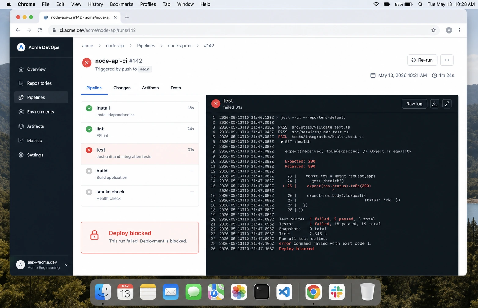 GitHub Actions Node.js test failure blocking deploy