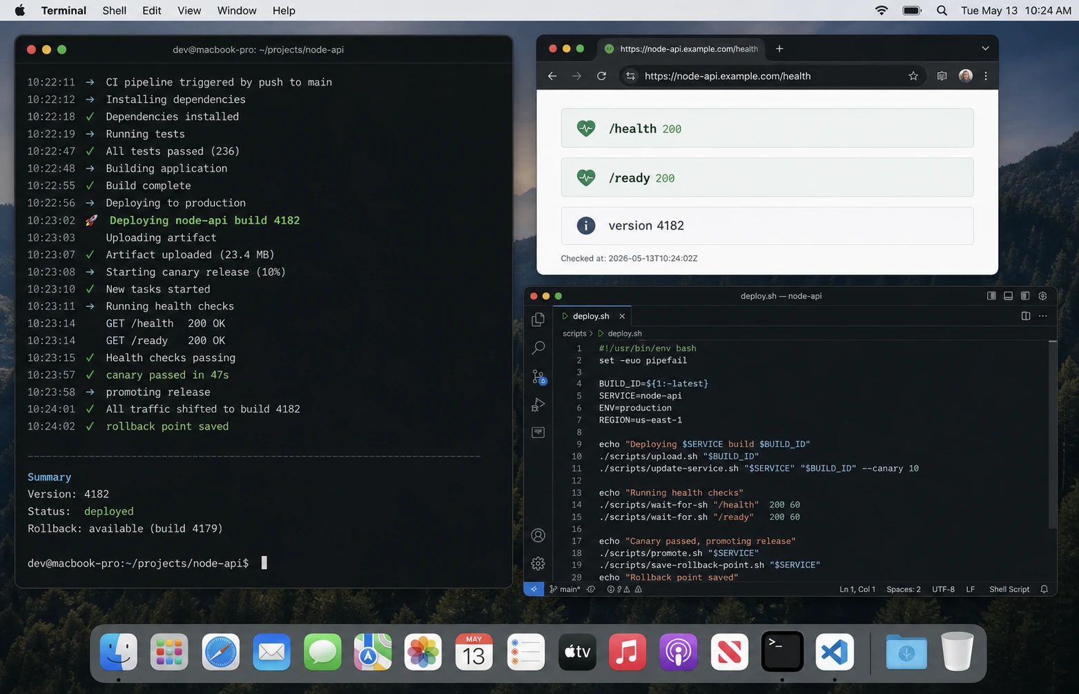 Node.js deployment health check and rollback logs