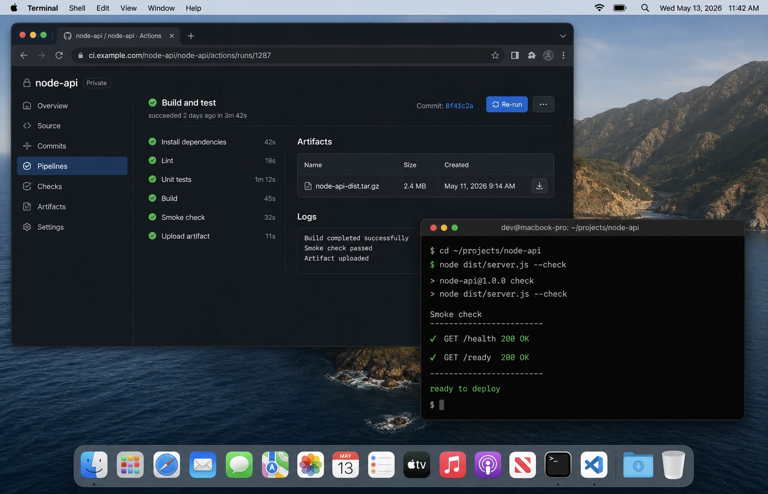 Node.js build artifact smoke check before deploy