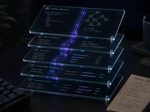 Editorial GraphQL cover showing stacked glass layers for operation parsing, auth context, resolvers, DataLoader batching, and database access with violet trace paths