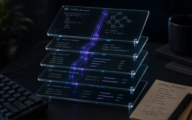 Editorial GraphQL cover showing stacked glass layers for operation parsing, auth context, resolvers, DataLoader batching, and database access with violet trace paths