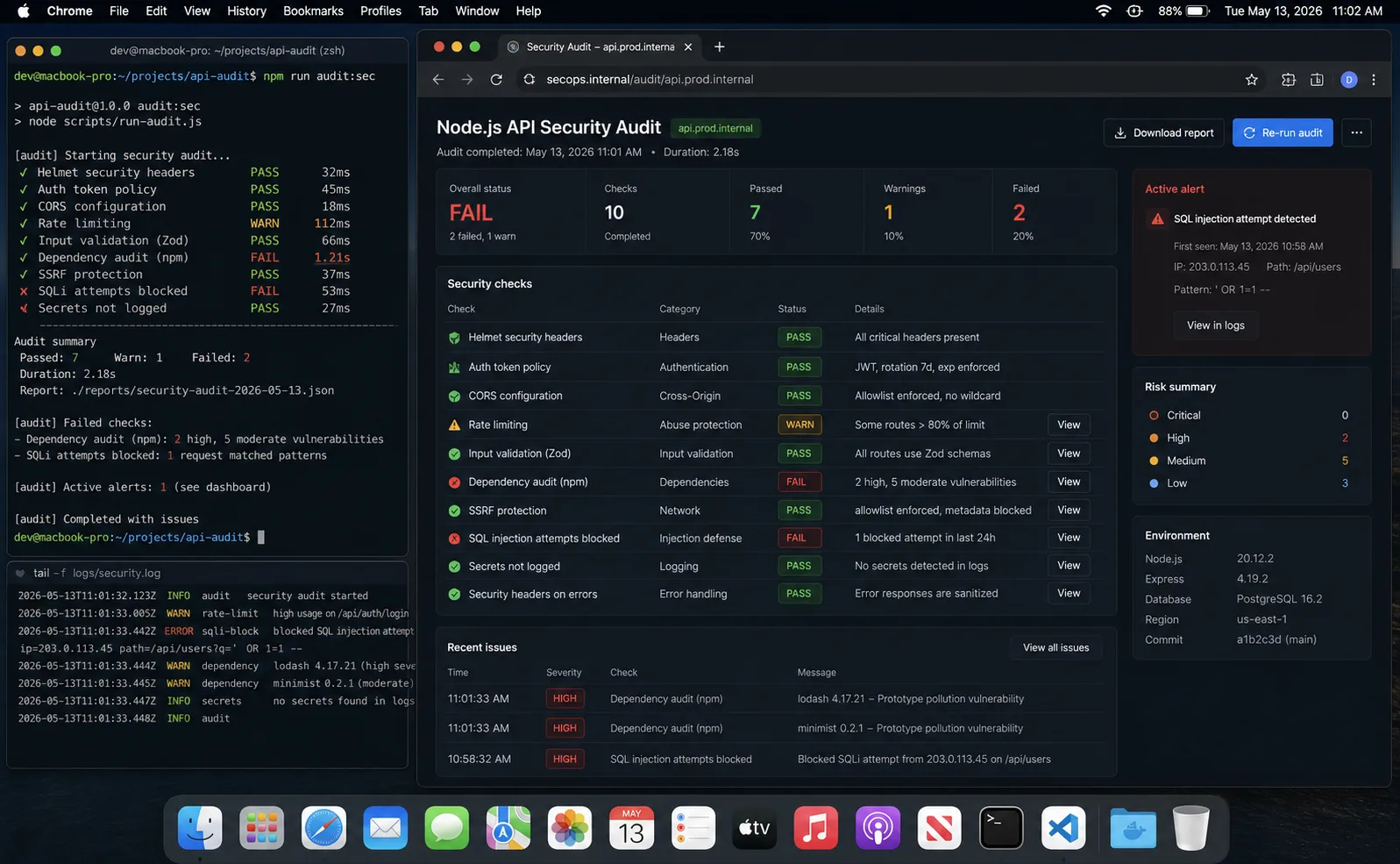 Node.js API security audit dashboard