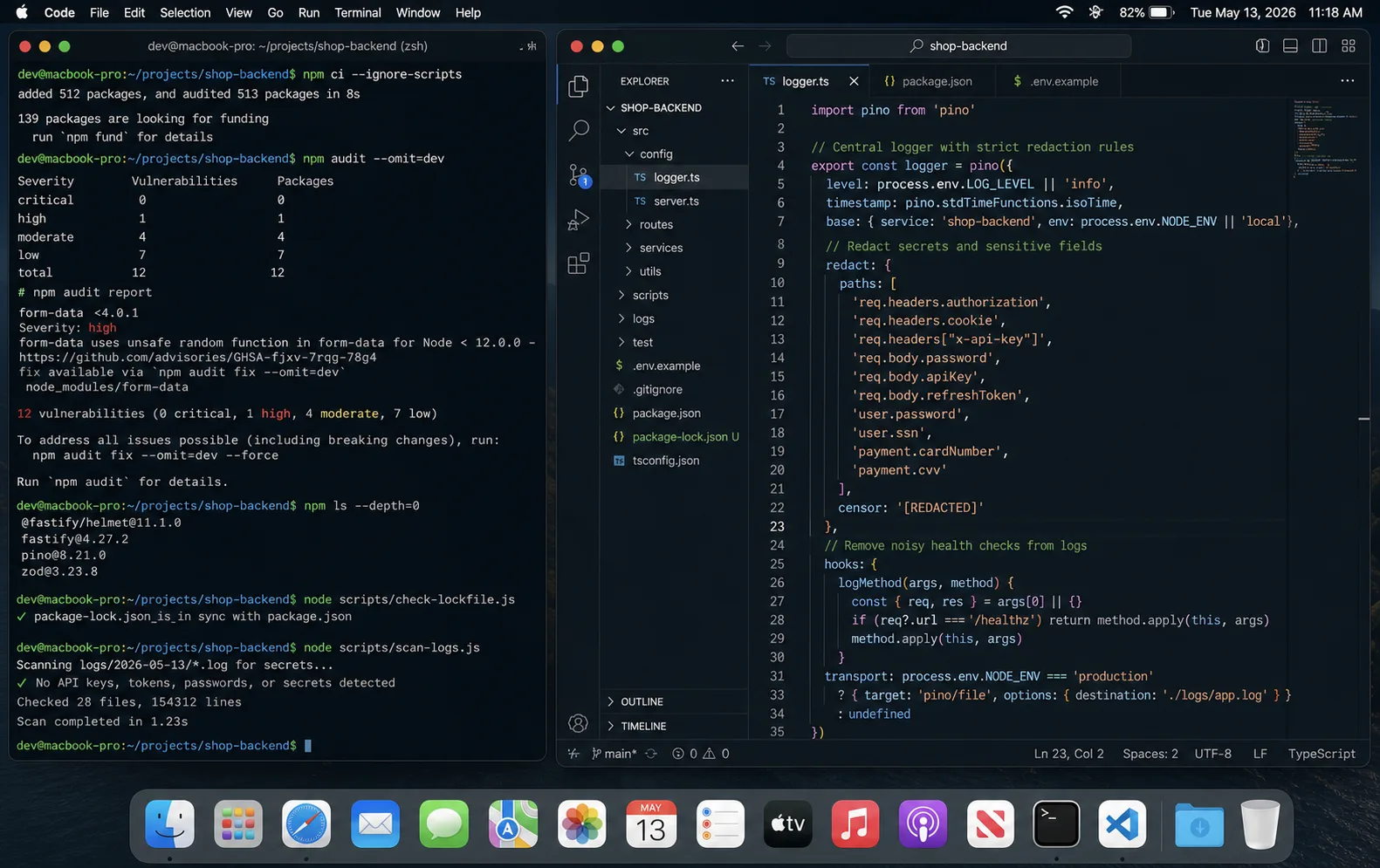 Node.js dependency audit and secret redaction config