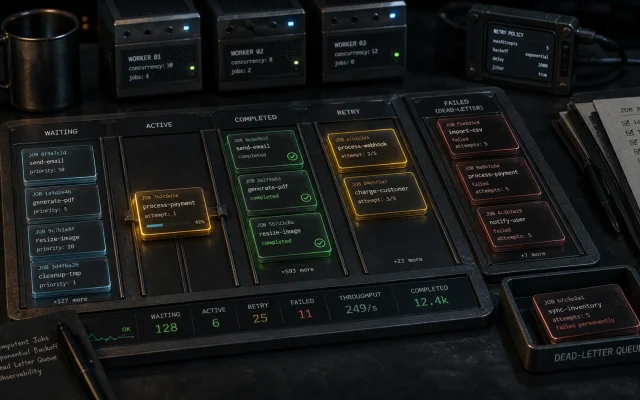 Editorial background jobs operations cover with luminous job cards moving through queue lanes, worker nodes, retry counters, and a dead-letter tray