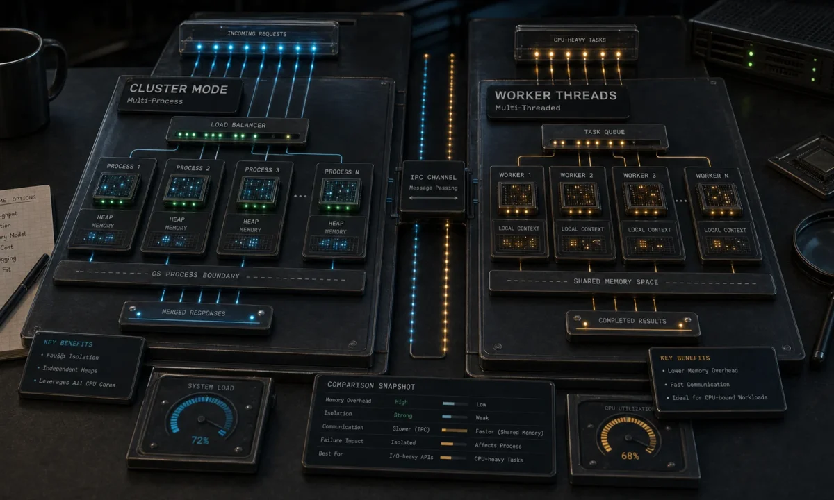 Editorial CPU workload lab cover comparing Node.js cluster and worker thread execution paths with process modules, worker modules, processor tiles, message rails, and memory boundary markers