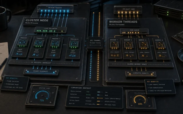 Editorial CPU workload lab cover comparing Node.js cluster and worker thread execution paths with process modules, worker modules, processor tiles, message rails, and memory boundary markers