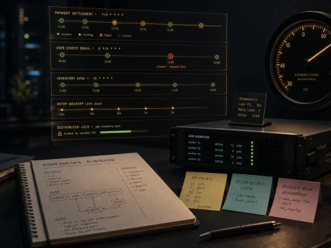 Editorial operations-desk cover for Node.js cron scheduling with a runbook, precision timing device, worker unit, retry notes, distributed lock notes, missed-run guardrails, and amber timeline ribbons