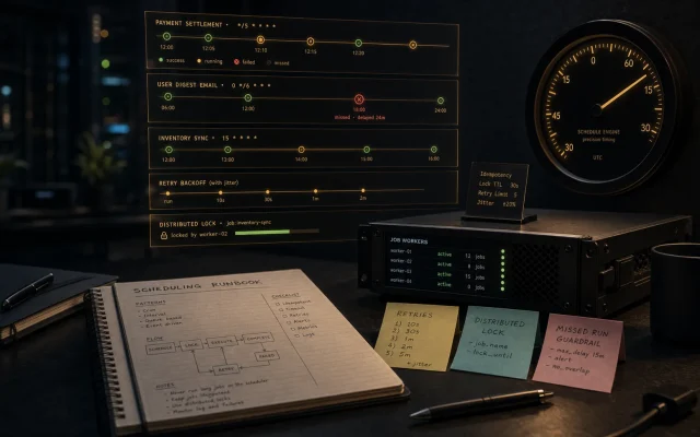 Editorial operations-desk cover for Node.js cron scheduling with a runbook, precision timing device, worker unit, retry notes, distributed lock notes, missed-run guardrails, and amber timeline ribbons