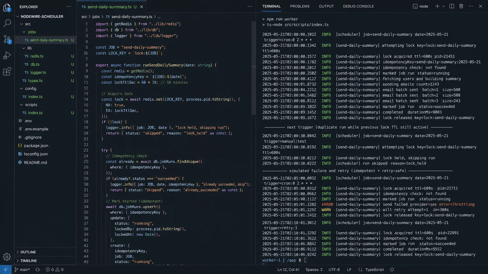 Node.js scheduled job Redis lock and idempotency logs
