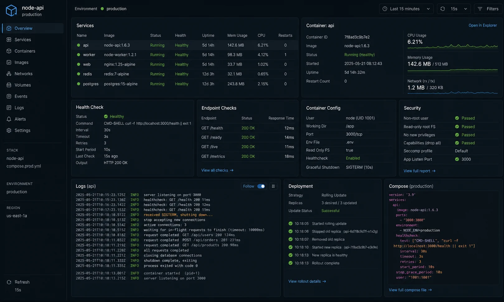 Node.js Docker health check and graceful shutdown runtime logs