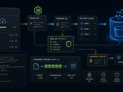 Node.js file upload cover with presigned URL streaming chunks validation and object storage