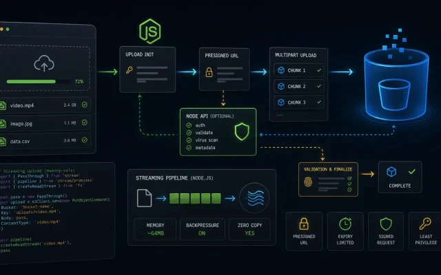 Node.js file upload cover with presigned URL streaming chunks validation and object storage