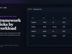 Editorial cover showing a Node.js framework comparison matrix for Express, Fastify, NestJS, Hono, and Koa across teams and workloads