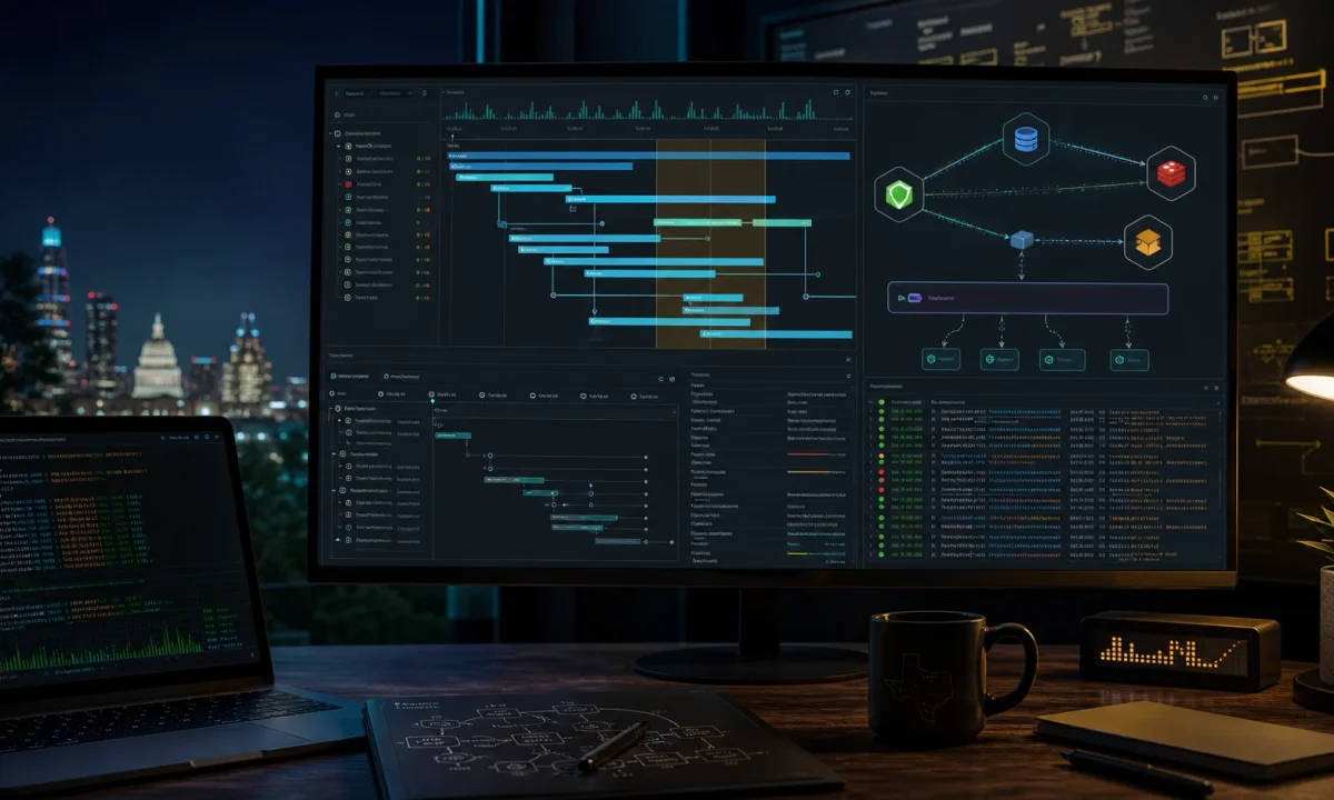 OpenTelemetry in Node.js production traces cover with waterfall spans and service nodes