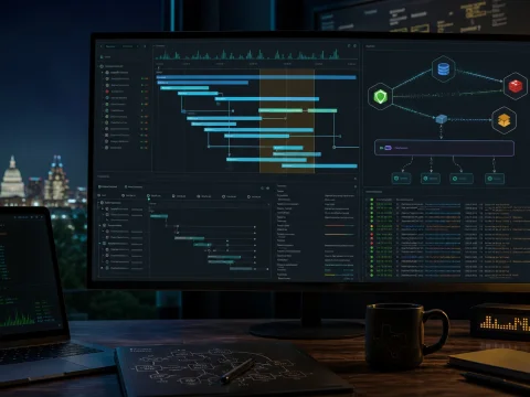 OpenTelemetry in Node.js production traces cover with waterfall spans and service nodes