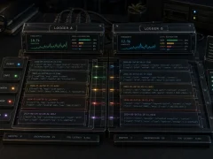 Editorial observability workbench cover for Node.js logging with log processing modules, structured log cards, severity lanes, JSON event strips, timestamp rails, and throughput meters