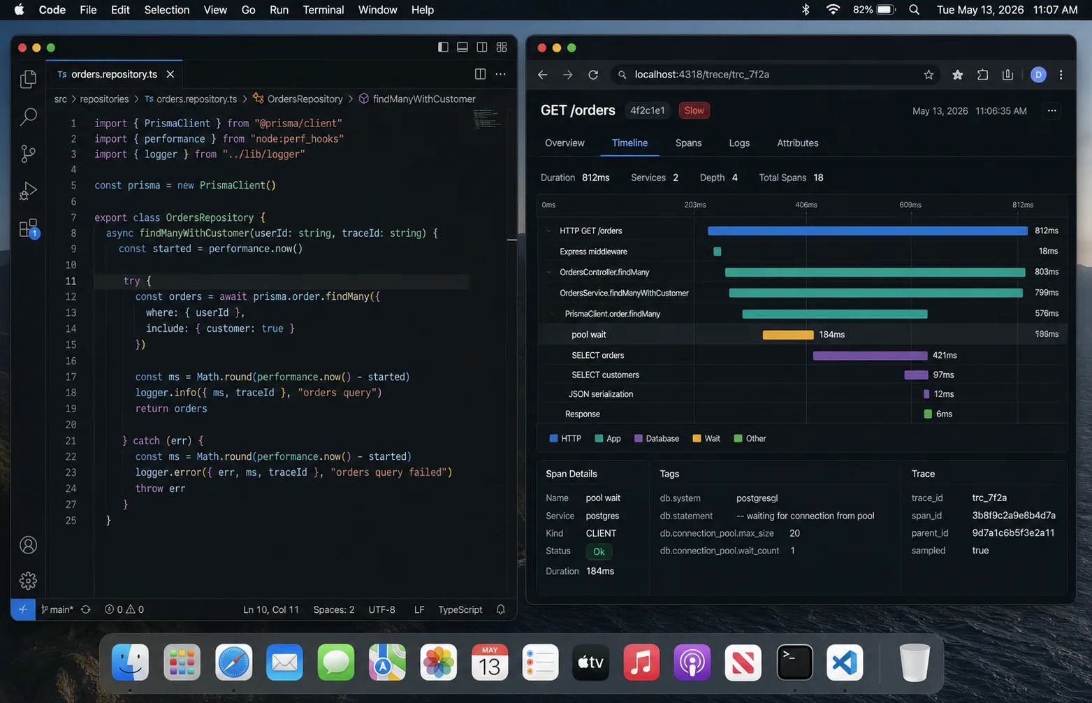 Prisma and Postgres query timing trace for Node.js API