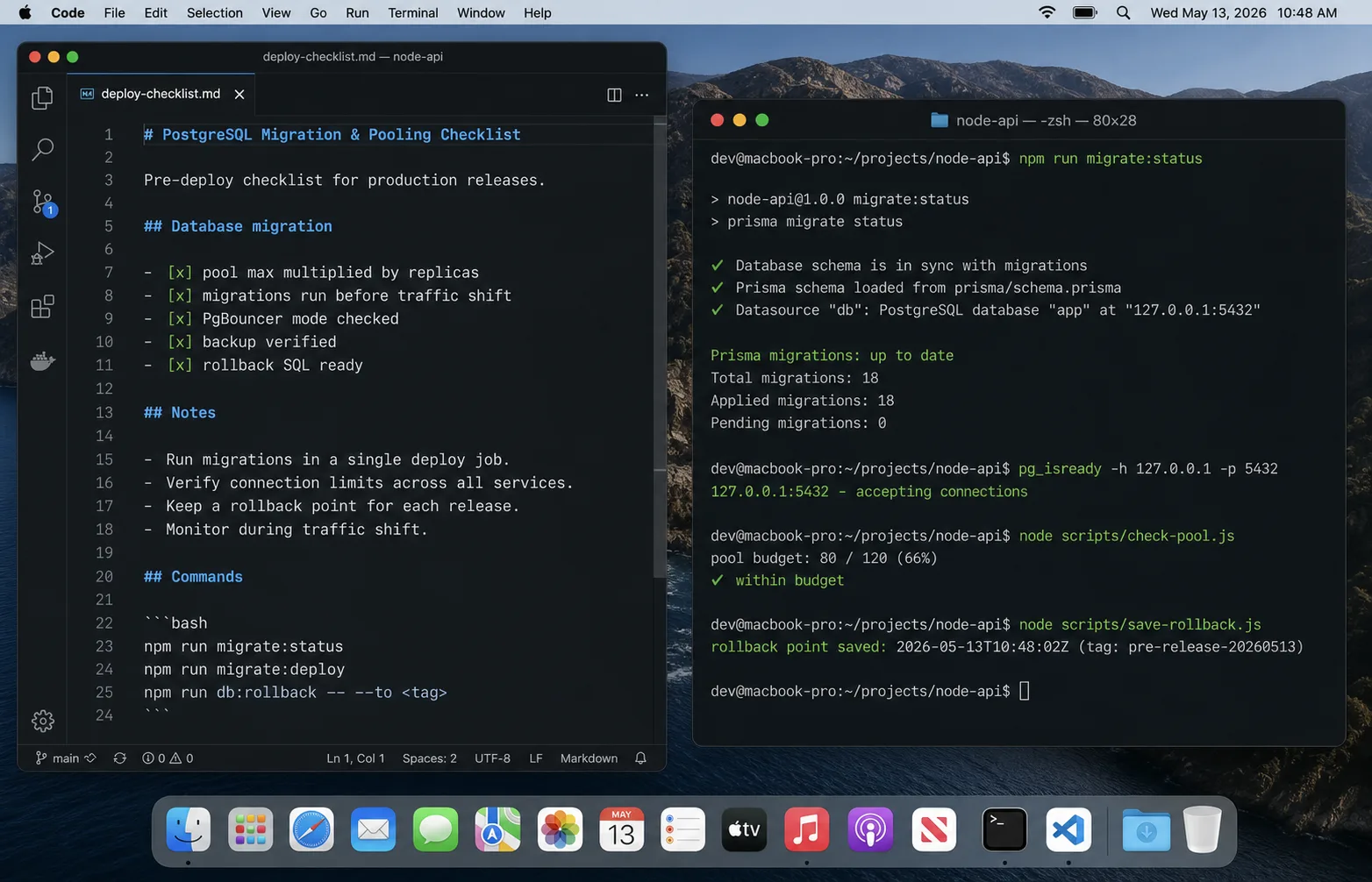 Node.js database migration and pooling checklist