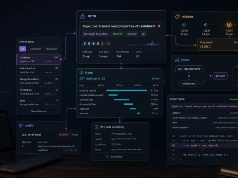 Node.js API error monitoring cover with Express route trace release marker and stack trace