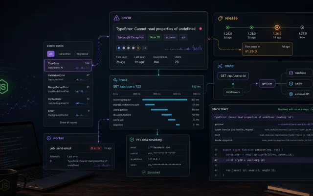 Node.js API error monitoring cover with Express route trace release marker and stack trace