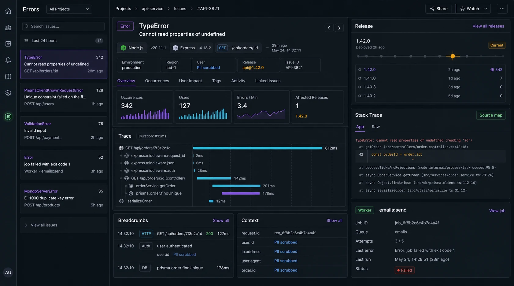 Error triage dashboard for Node.js Express API with trace release source map and PII scrubbed fields