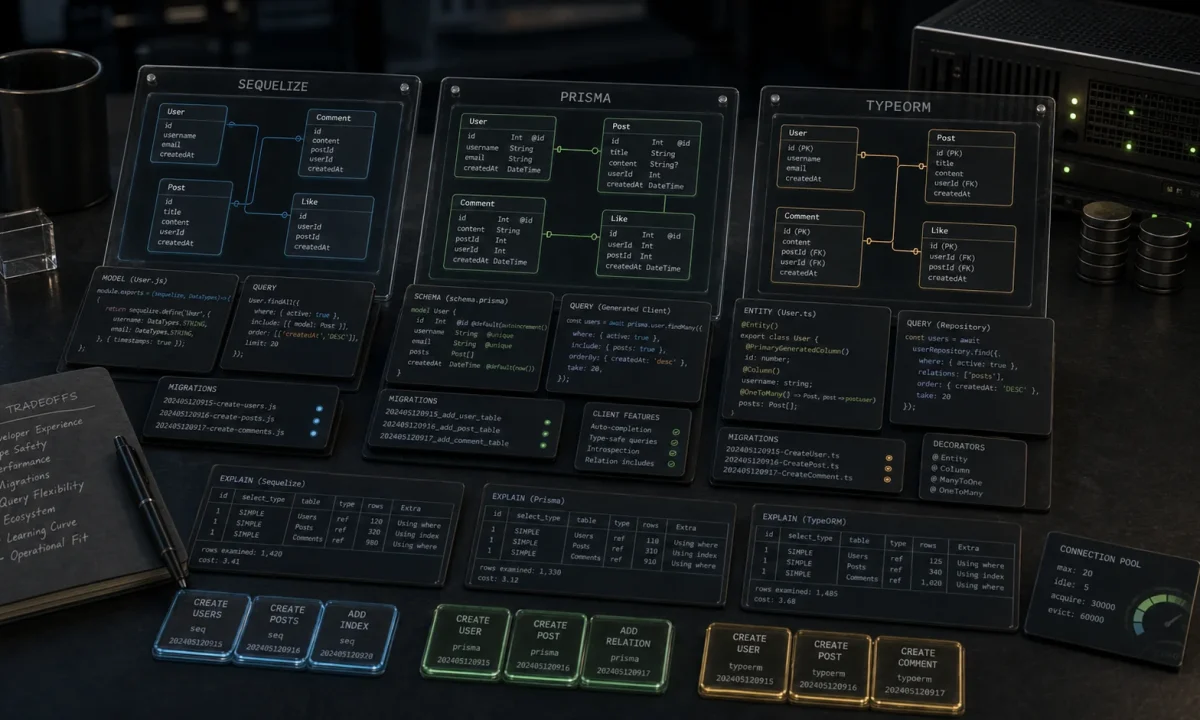 Editorial database design workbench cover comparing Node.js ORM tradeoffs with mapping trays, schema cards, query plan strips, migration tokens, relationship wires, and database hardware