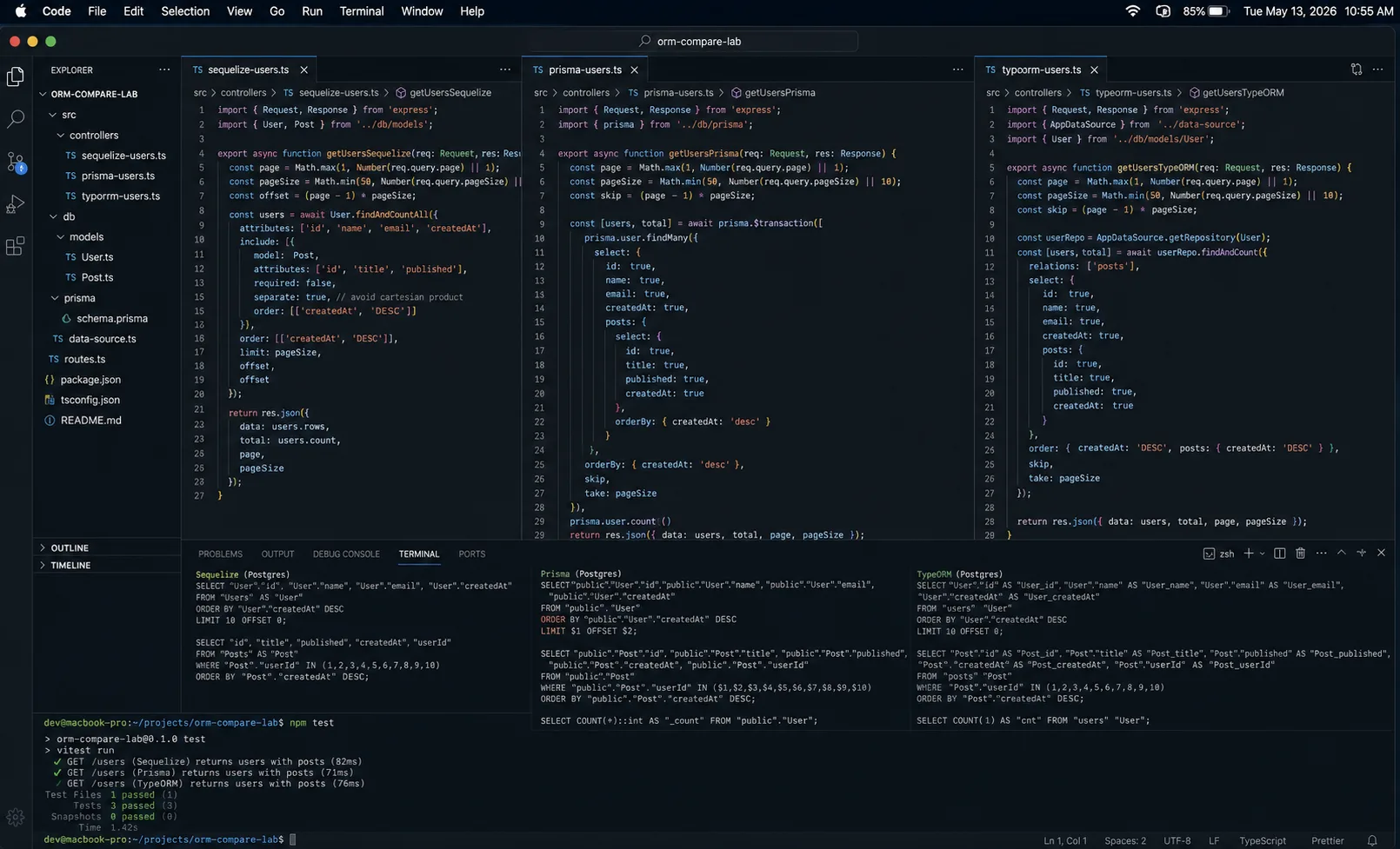 Sequelize Prisma TypeORM query code comparison