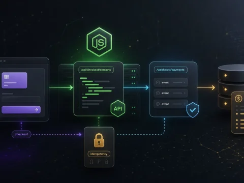 Node.js payments cover showing Checkout webhook verification idempotency and database state