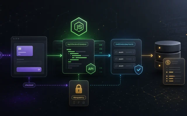 Node.js payments cover showing Checkout webhook verification idempotency and database state