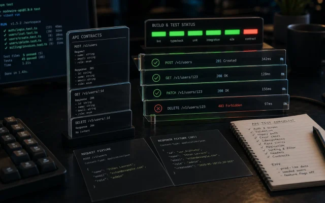 Editorial CI lab cover for testing Node.js APIs with API contract cards, request fixtures, build status lights, and floating test result strips