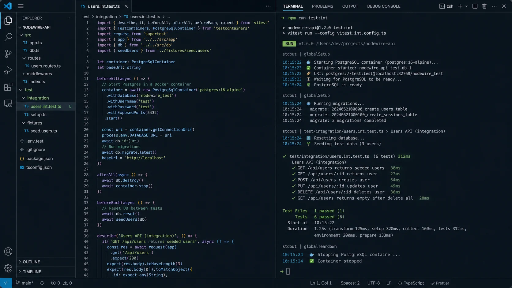Node.js API integration tests with Testcontainers PostgreSQL