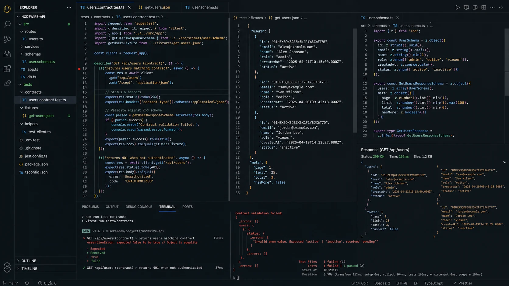 Supertest contract tests for Node.js API response validation
