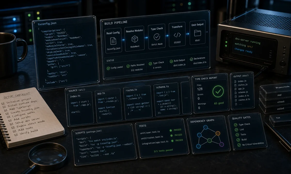 Editorial typed-build workstation cover for TypeScript with Node.js showing configuration cards, compiler pipeline strips, type-check tokens, package boundaries, build status lights, and development server hardware