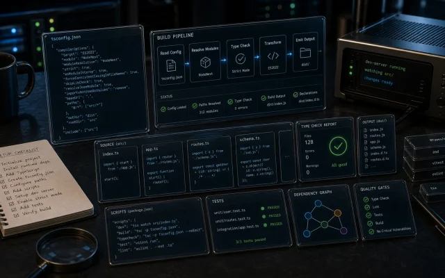 Editorial typed-build workstation cover for TypeScript with Node.js showing configuration cards, compiler pipeline strips, type-check tokens, package boundaries, build status lights, and development server hardware