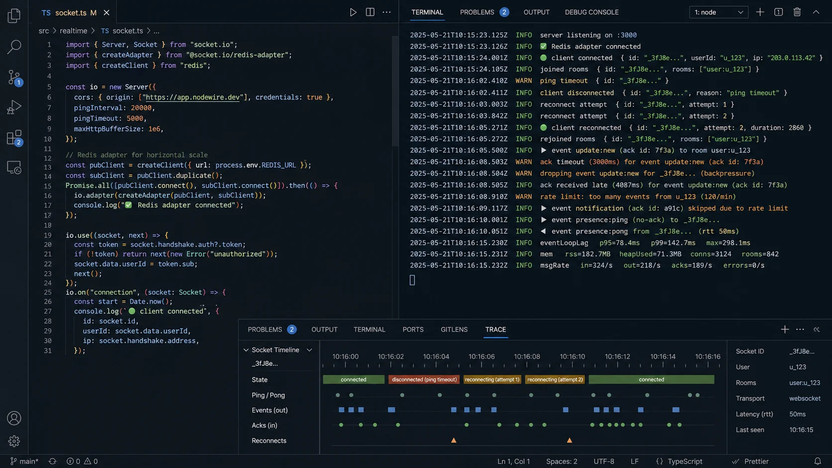Node.js Socket.io reconnect and backpressure logs